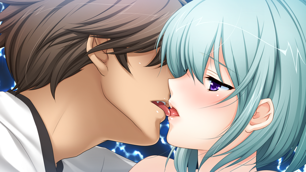 Anime picture 1280x720 with gakuen taima! holy x moly (game) short hair black hair wide image purple eyes game cg green hair kiss french kiss girl boy