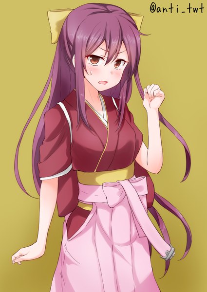 Anime picture 1200x1694 with kantai collection kamikaze destroyer anti (0324) single long hair tall image looking at viewer blush fringe open mouth simple background hair between eyes standing brown eyes signed purple hair traditional clothes japanese clothes short sleeves sweat