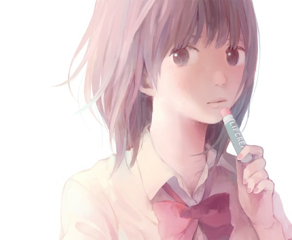 Anime picture 1100x906 with original nakamura hinata single fringe short hair brown hair white background holding brown eyes looking away lips girl bow bowtie lipstick tube