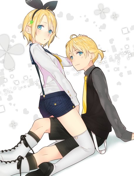 Anime picture 838x1100 with vocaloid kagamine rin kagamine len ama mitsuki tall image looking at viewer short hair open mouth blue eyes blonde hair twins brother and sister girl thighhighs boy bow hair bow white thighhighs necktie shorts
