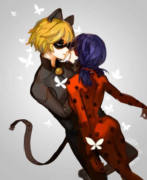 Anime picture 654x800 with miraculous ladybug marinette cheng adrien agreste ladybug (character) chat noir linghetuen single tall image short hair simple background blonde hair twintails signed animal ears blue hair eyes closed cat ears grey background couple dated