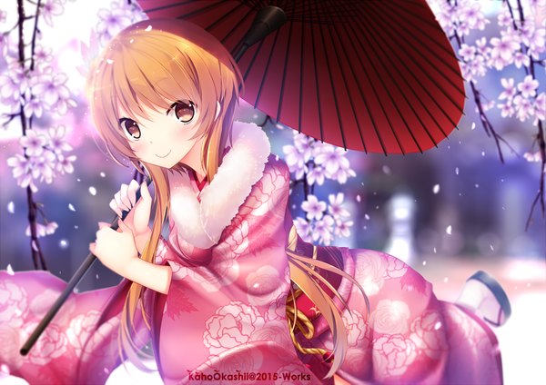 Anime picture 1500x1060 with nisekoi shaft (studio) tachibana marika kaho okashii single long hair looking at viewer blush smile brown eyes traditional clothes japanese clothes orange hair fur trim cherry blossoms floral print girl flower (flowers) plant (plants) petals