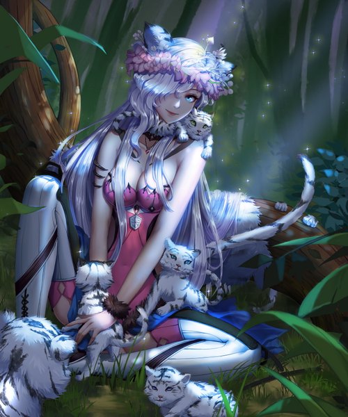 Anime picture 1500x1800 with original qi kou single long hair tall image looking at viewer fringe breasts blue eyes light erotic smile large breasts sitting bare shoulders green eyes animal ears cleavage silver hair bent knee (knees) tail