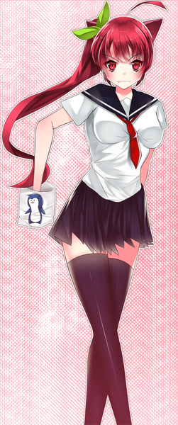 Anime picture 694x1658 with original aoiken single long hair tall image blush red eyes animal ears ahoge ponytail red hair zettai ryouiki side ponytail girl thighhighs uniform bow black thighhighs hair bow school uniform