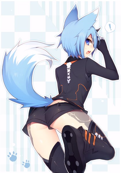 Anime picture 840x1200 with phantasy star phantasy star online 2 sega io (pso2) muryotaro single tall image looking at viewer fringe short hair open mouth blue eyes light erotic standing animal ears blue hair bent knee (knees) tail animal tail profile