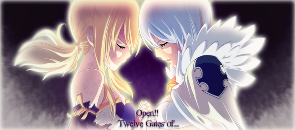 Anime picture 2400x1060 with fairy tail lucy heartfilia yukino aguria takyya long hair highres short hair blonde hair wide image twintails bare shoulders multiple girls silver hair white hair eyes closed profile inscription tattoo coloring torn clothes