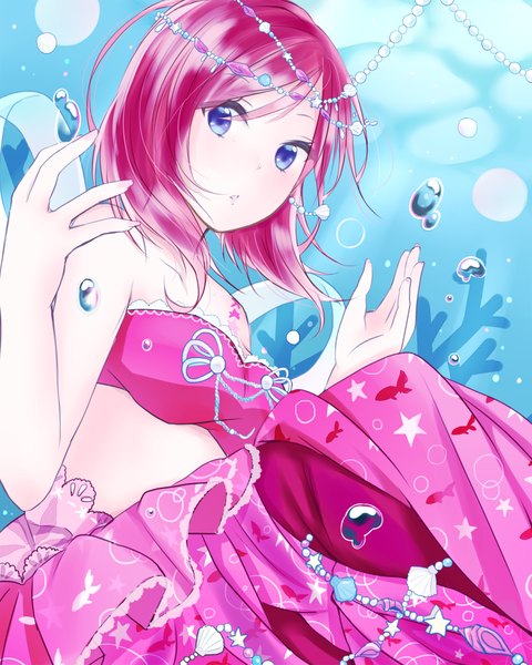 Anime picture 800x1000 with love live! school idol project sunrise (studio) love live! nishikino maki azuki (ggrksss-apple) single tall image looking at viewer blush fringe short hair bare shoulders blue hair red hair fingernails teeth bare belly :o long fingernails underwater