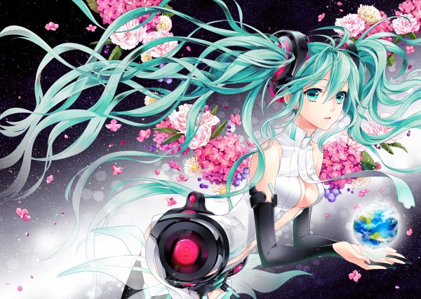 Anime picture 1200x854 with vocaloid vocaloid append hatsune miku hatsune miku (append) cocoon (loveririn) single breasts twintails bare shoulders very long hair aqua eyes aqua hair space girl thighhighs gloves flower (flowers) petals necktie elbow gloves