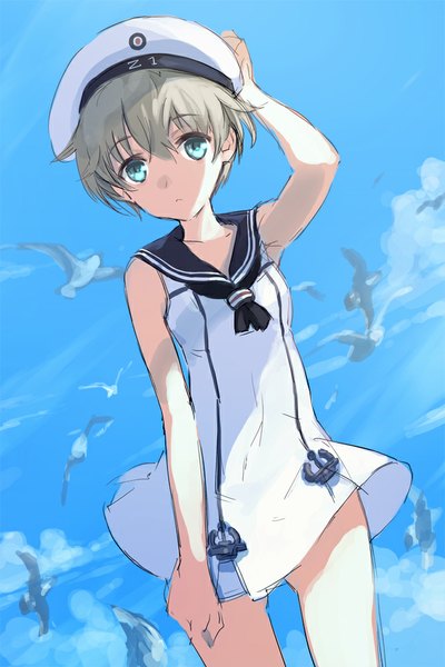 Anime picture 667x1000 with kantai collection z1 destroyer (leberecht maass) dakuro single tall image looking at viewer short hair hair between eyes bare shoulders sky cloud (clouds) aqua eyes wind grey hair :< adapted costume girl animal bird (birds) beret