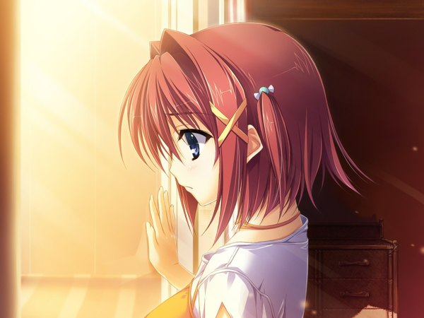 Anime picture 1600x1200 with kourin no machi lavender no shoujo (game) suzuki haruka yuuki hagure single short hair blue eyes looking away red hair sunlight girl ribbon (ribbons) hair ribbon window curtains hand