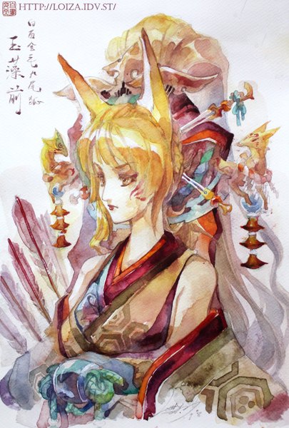 Anime picture 1014x1500 with loiza single long hair tall image blonde hair animal ears ponytail traditional clothes japanese clothes profile orange eyes facial mark girl hair ornament arrow (arrows)