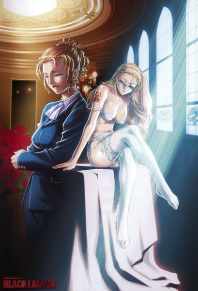 Anime picture 3376x4957 with black lagoon madhouse eda (black lagoon) hiroe rei long hair tall image highres blue eyes light erotic blonde hair smile standing sitting bare shoulders absurdres barefoot scan official art tattoo lipstick