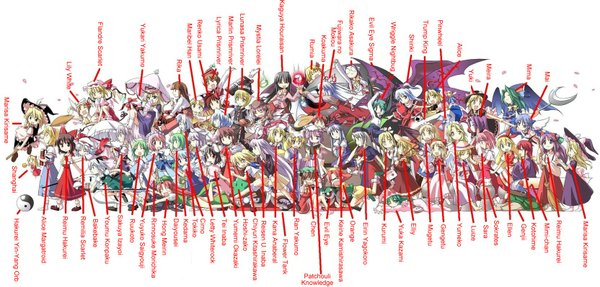 Anime picture 1664x797 with touhou hakurei reimu flandre scarlet remilia scarlet kirisame marisa izayoi sakuya konpaku youmu patchouli knowledge yakumo yukari saigyouji yuyuko alice margatroid cirno reisen udongein inaba fujiwara no mokou hong meiling kazami yuuka koakuma rumia yakumo ran houraisan kaguya