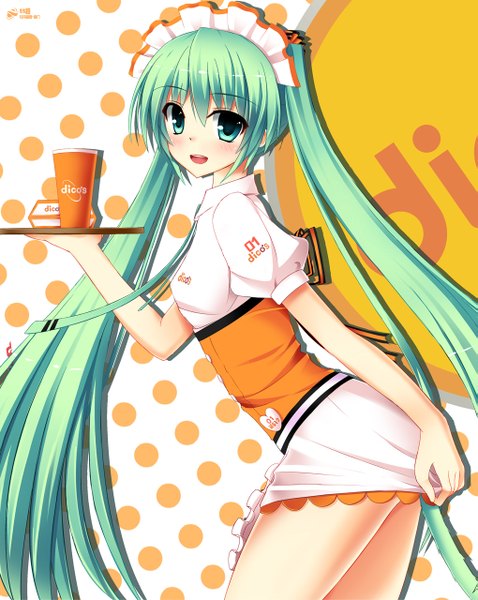 Anime picture 1019x1280 with vocaloid hatsune miku kukan single tall image looking at viewer blush open mouth twintails very long hair aqua eyes aqua hair waitress girl dress