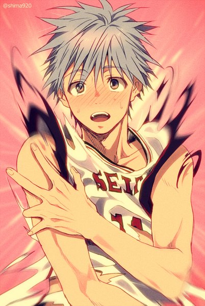 Anime picture 550x820 with kuroko no basket production i.g kuroko tetsuya mashima shima single tall image blush fringe short hair open mouth simple background brown eyes signed looking away silver hair embarrassed torn clothes pink background boy uniform