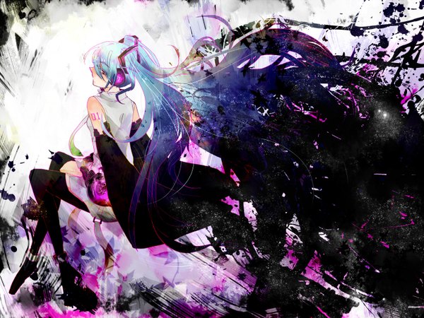 Anime picture 1400x1050 with vocaloid hatsune miku long hair bare shoulders profile multicolored hair girl thighhighs detached sleeves headphones