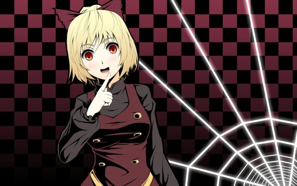 Anime picture 1600x1000 with touhou kurodani yamame gayprince single short hair open mouth blonde hair red eyes wide image checkered background girl bow hair bow