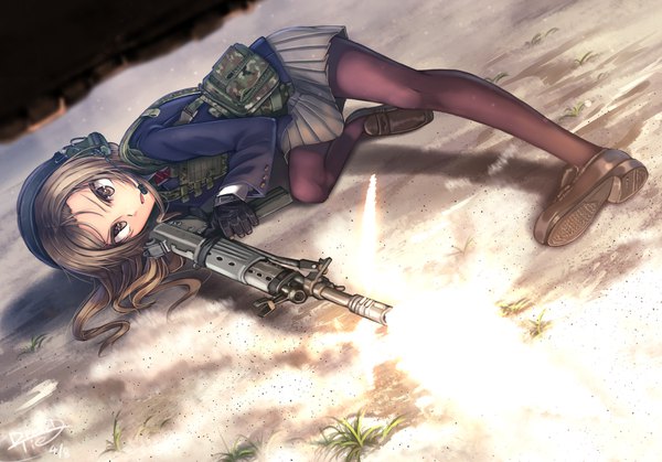 Anime picture 1633x1142 with original dreadtie single long hair brown hair brown eyes looking away parted lips pleated skirt dutch angle serious camouflage shot girl skirt gloves uniform weapon school uniform miniskirt