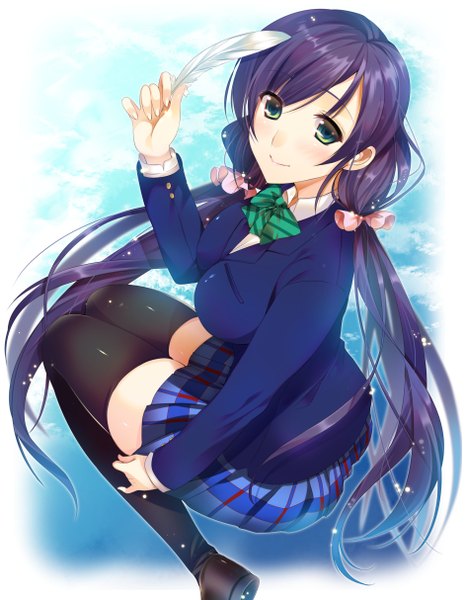 Anime picture 943x1214 with love live! school idol project sunrise (studio) love live! toujou nozomi hanpen (hannpenn2) single long hair tall image looking at viewer blue eyes purple hair light smile girl thighhighs skirt uniform black thighhighs school uniform feather (feathers)