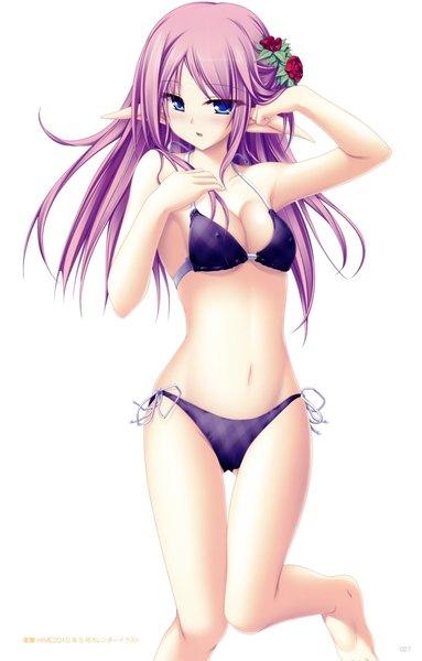 Anime picture 4960x7767 with tenmaso single long hair tall image blush highres breasts blue eyes light erotic white background absurdres purple hair hair flower pointy ears scan official art girl navel hair ornament flower (flowers)