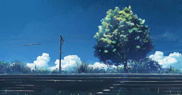 Anime picture 3000x1569 with original hatsuame syoka highres wide image sky cloud (clouds) no people landscape plant (plants) tree (trees) grass ground vehicle stairs wire (wires) fence house bicycle