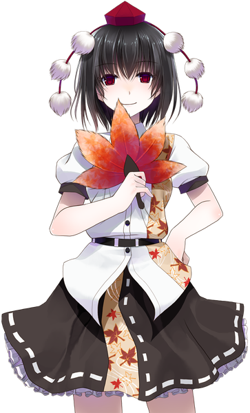 Anime picture 805x1330 with touhou shameimaru aya crote single tall image looking at viewer short hair black hair smile red eyes transparent background girl dress hat fan mini hat pom pom (clothes) mini top hat hauchiwa