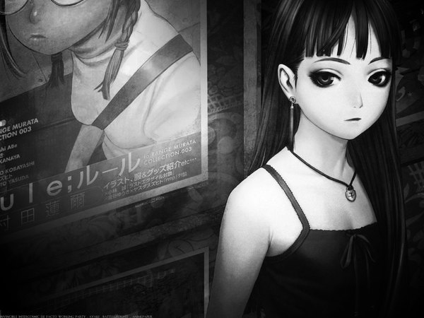 Anime picture 1600x1200 with original range murata long hair looking at viewer fringe bare shoulders braid (braids) twin braids monochrome flat chest third-party edit girl dress earrings glasses black dress pendant