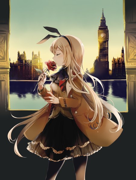 Anime picture 705x938 with original sakuragi kei single long hair tall image fringe blonde hair standing holding sky eyes closed profile sunlight evening reflection sunset frilly skirt river girl flower (flowers)