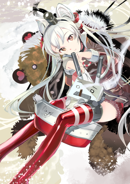 Anime picture 707x1000 with kantai collection amatsukaze destroyer rensouhou-kun 119 single long hair tall image looking at viewer fringe sitting twintails brown eyes silver hair head tilt fur trim long legs girl thighhighs uniform hat