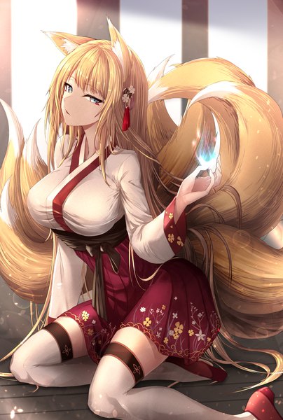 Anime picture 775x1150 with original limeblock single tall image looking at viewer breasts blue eyes blonde hair sitting animal ears payot bent knee (knees) tail very long hair traditional clothes japanese clothes animal tail arm up sunlight arm support
