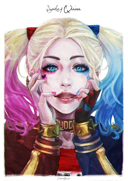 Anime picture 2477x3508 with batman suicide squad dc comics harley queen monori rogue single long hair tall image highres open mouth blue eyes blonde hair twintails blue hair pink hair nail polish multicolored hair fingernails realistic close-up