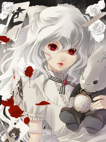 Anime picture 1200x1600 with alice in wonderland alice (wonderland) hirai chika long hair tall image red eyes white hair loli girl dress flower (flowers) bow hair bow rose (roses) blood clock bunny card (cards) pocket watch white rose