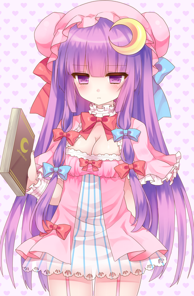 Anime picture 1940x2964 with touhou patchouli knowledge tsukikage nemu single long hair tall image blush highres purple eyes purple hair girl dress bow hair bow book (books) bonnet