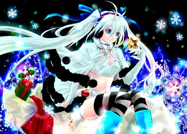 Anime picture 1721x1241 with vocaloid hatsune miku single fringe highres smile hair between eyes sitting twintails ahoge very long hair aqua eyes aqua hair fur trim snowing christmas girl thighhighs gloves ribbon (ribbons)