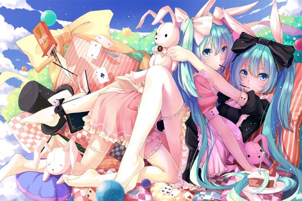 Anime picture 1300x867 with vocaloid hatsune miku ttk (kirinottk) long hair looking at viewer twintails multiple girls aqua eyes aqua hair bunny ears girl thighhighs dress bow 2 girls hair bow hat white thighhighs sweets toy