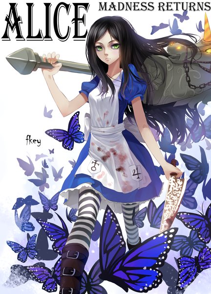 Anime picture 1200x1665 with american mcgee's alice (game) alice: madness returns alice (american mcgee's) fkey single long hair tall image black hair green eyes horn (horns) inscription girl dress weapon pantyhose boots insect butterfly blood apron