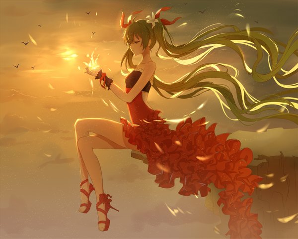 Anime picture 1800x1440 with vocaloid hatsune miku lan jue single highres sitting twintails looking away very long hair hair flower aqua eyes aqua hair crossed legs evening sunset girl dress hair ornament flower (flowers) animal