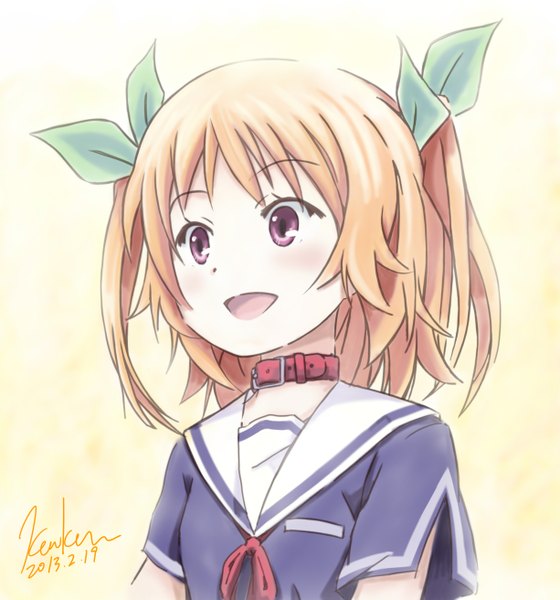 Anime picture 1225x1311 with ore no kanojo to osananajimi ga shuraba sugiru a-1 pictures harusaki chiwa kem kem tall image blush short hair open mouth blonde hair purple eyes signed two side up girl uniform bow hair bow school uniform collar