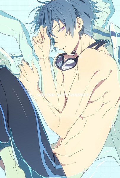 Anime picture 700x1035 with free! kyoto animation ryugazaki rei nic (kevin) single tall image looking at viewer short hair purple eyes blue hair profile partially submerged embryo's pose goggles around neck boy uniform water gym uniform goggles swimming trunks