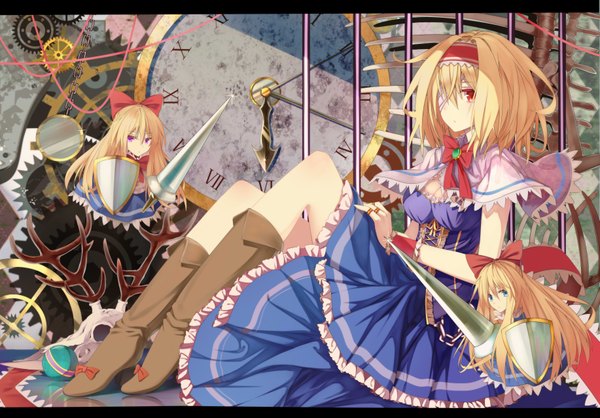 Anime picture 3666x2555 with touhou alice margatroid suisai highres short hair blonde hair red eyes purple eyes absurdres bandage over one eye girl dress bow weapon hair bow boots hairband clock