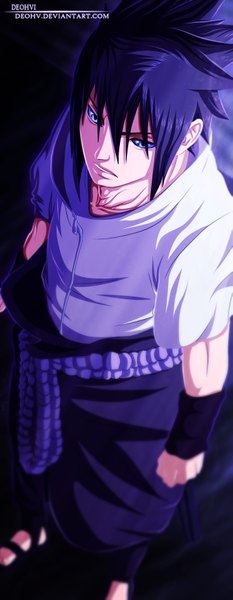 Anime picture 1350x3470 with naruto studio pierrot naruto (series) uchiha sasuke deohvi single tall image short hair blue eyes black hair coloring dark background angry boy