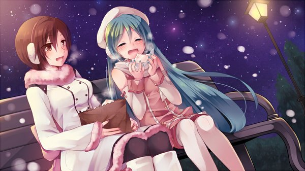 Anime picture 1024x576 with vocaloid hatsune miku meiko shinyae long hair blush short hair open mouth smile brown hair wide image sitting bare shoulders multiple girls outdoors eyes closed aqua hair dutch angle night sky snowing