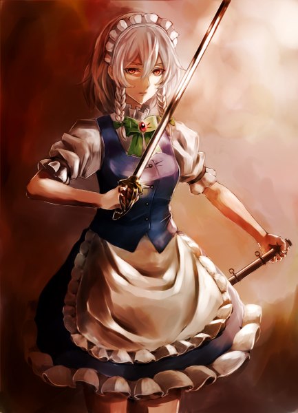 Anime picture 867x1200 with touhou izayoi sakuya jan (lightdragoon) single long hair tall image looking at viewer red eyes white hair braid (braids) maid twin braids girl dress skirt ribbon (ribbons) weapon hair ribbon sword headdress