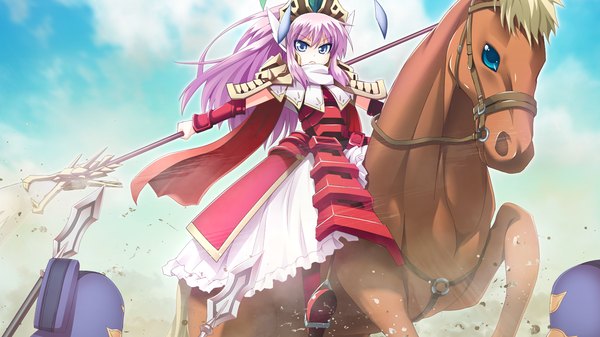 Anime picture 1280x720 with sangoku hime unicorn-a long hair blue eyes wide image pink hair game cg girl dress weapon horse