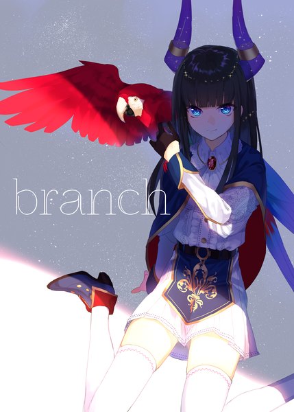 Anime picture 2590x3624 with original yusano single long hair tall image looking at viewer fringe highres blue eyes black hair smile sitting bent knee (knees) blunt bangs horn (horns) from above arm support shadow zettai ryouiki outstretched arm