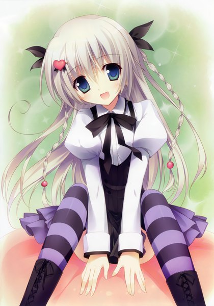 Anime picture 1905x2720 with koiimo sweet days yasaho aoi karory single long hair tall image looking at viewer highres open mouth light erotic green eyes white hair braid (braids) twin braids girl thighhighs dress hair ornament hairclip striped thighhighs