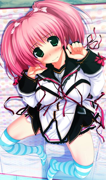 Anime picture 1280x2161 with kamikaze explorer! hayase manami oshiki hitoshi tall image blush short hair green eyes pink hair game cg girl thighhighs serafuku striped thighhighs