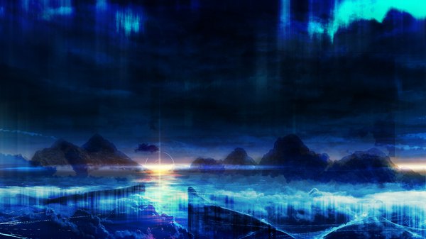Anime picture 1920x1080 with original y y (ysk ygc) highres wide image cloud (clouds) sunlight night night sky mountain no people fog aurora borealis sun