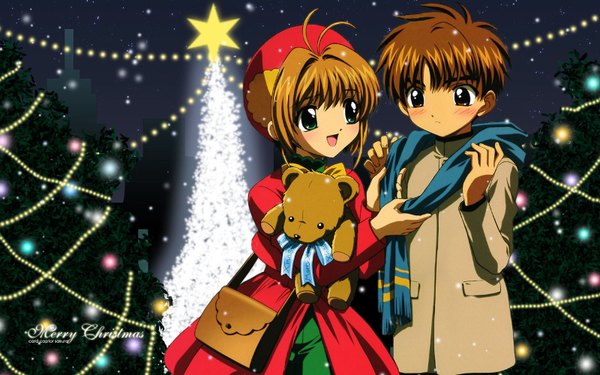 Anime picture 1600x1000 with card captor sakura clamp kinomoto sakura li xiaolang wide image loli christmas scarf bear