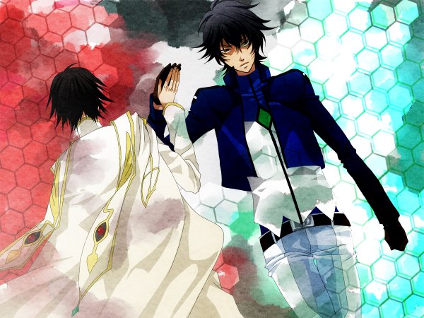 Anime picture 1200x900 with code geass mobile suit gundam mobile suit gundam 00 sunrise (studio) lelouch lamperouge setsuna f seiei kamu (artist) short hair black hair from behind back crossover boy gloves cloak